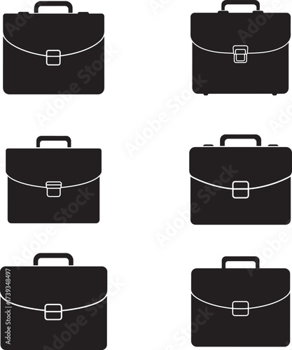 Collection of six black silhouette briefcases or attach cases on a white background