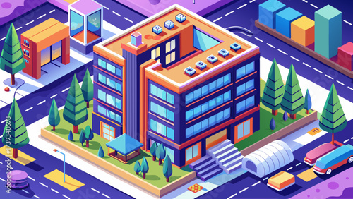 Isometric hotel building vector with rooftop sign, windows, balconies, trees, 3D perspective, scalable design, vibrant tones, clean lines, professional rendering, modern city accommodation artwork.