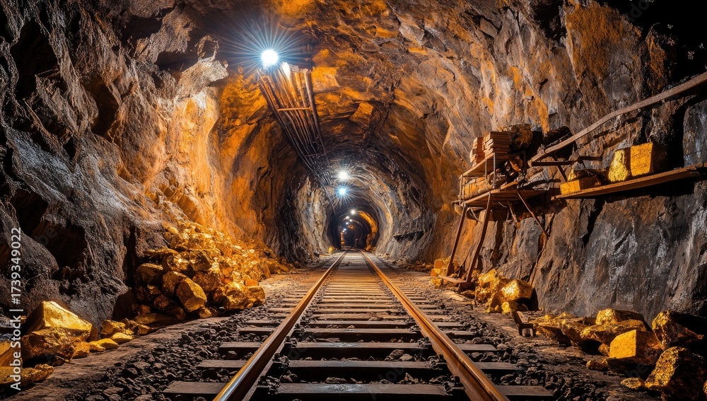 Naklejka premium Mine tunnel with tracks and golden light