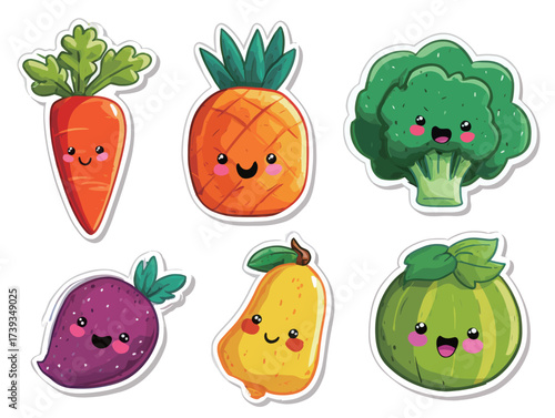 Vibrant cartoon fruits and vegetables showcase joyful faces. Featuring a carrot, pineapple, broccoli, and more, this playful design brings fun to healthy eating.