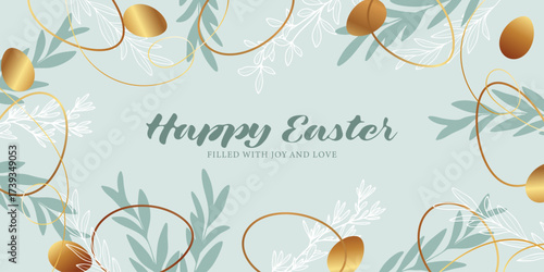 Happy easter vector greeting card or web banner. Horizontal design with Easter eggs and flower branches
