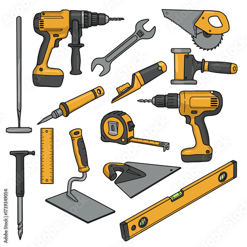 Collection of various construction and hand tools for diy projects and professional work isolated on white background