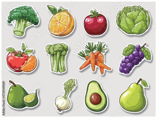 Brightly colored fruits and vegetables are arranged together, showcasing broccoli, oranges, tomatoes, lettuce, and more. This vibrant collection promotes healthy eating.