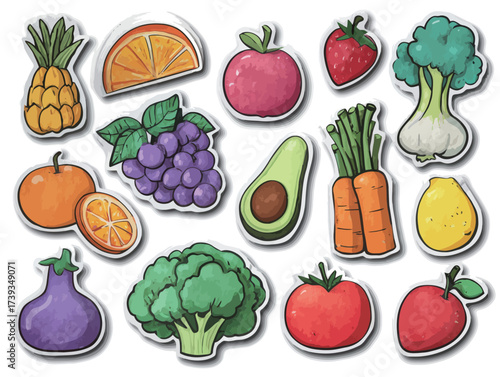 Bright, fun stickers of various fruits and vegetables include pineapple, oranges, strawberries, grapes, and more. Perfect for adding flair to meal planning or crafting.