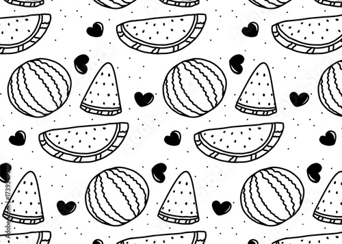 Repeating monochrome pattern featuring watermelon slices, whole watermelons, and hearts scattered across the surface.