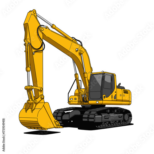 Yellow excavator heavy construction equipment machine ready for work isolated on white background