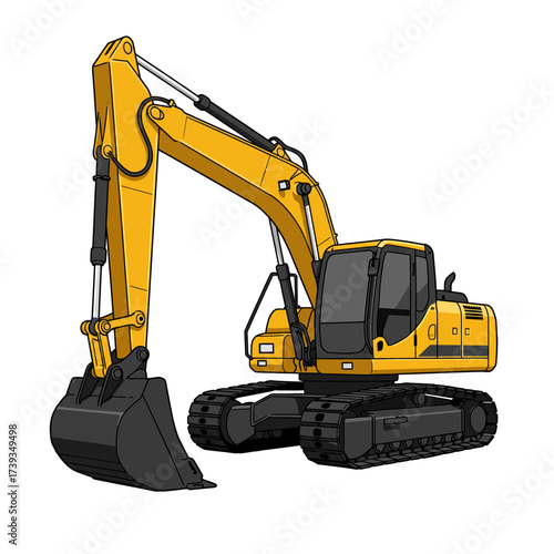 Yellow excavator construction machine powerful digging equipment ready for action isolated on white background