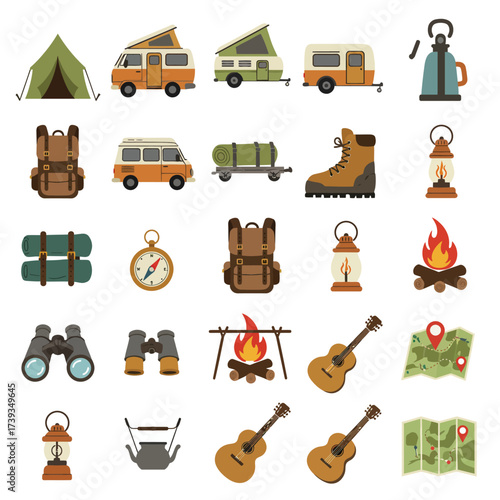 Camping gear and equipment collection for outdoor adventures and recreation isolated on white background