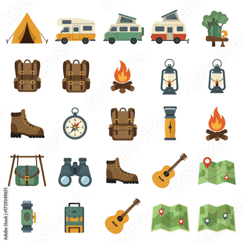 Collection of outdoor camping and adventure gear icons for recreational activities isolated on white background