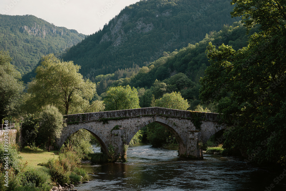 Fototapeta premium Classic stone bridge crossing a calm river, surrounded by lush greenery