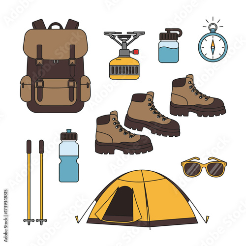 Essential outdoor adventure gear collection backpack boots tent stove compass sunglasses and poles isolated on white background