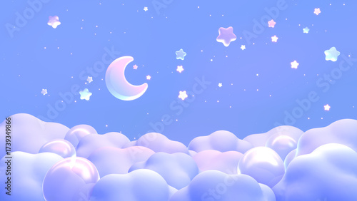 3D render cartoon moon and stars sky with bubbles on clouds.