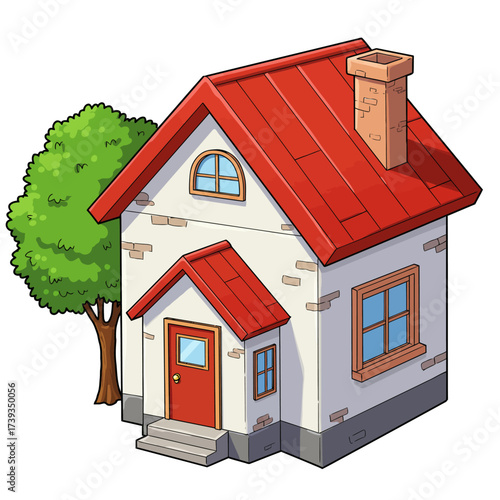 Charming cartoon house with red roof and lush green tree for residential property concepts isolated on white background