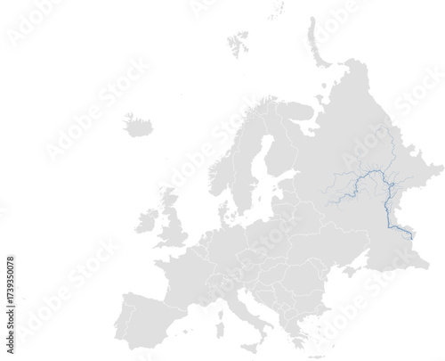 Volga river system – rivers vector map of Europe highlighting main stem and primary tributaries (LAEA, scaled by river size, PPT-compatible, multi-layered & fully editable)