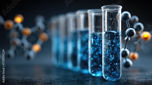 Laboratory test tubes with blue fluid and molecular models for chemical research