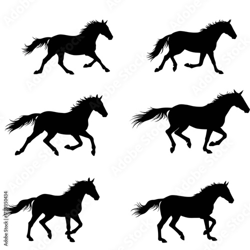 Six silhouetted galloping horses capturing movement and grace in dynamic poses isolated on white background