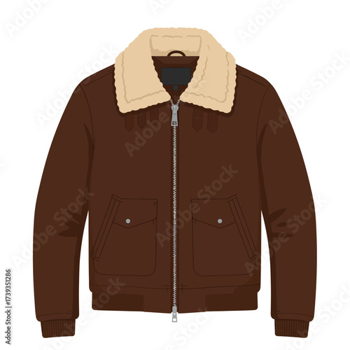Classic brown bomber jacket with cozy shearling collar for stylish cold weather apparel isolated on white background