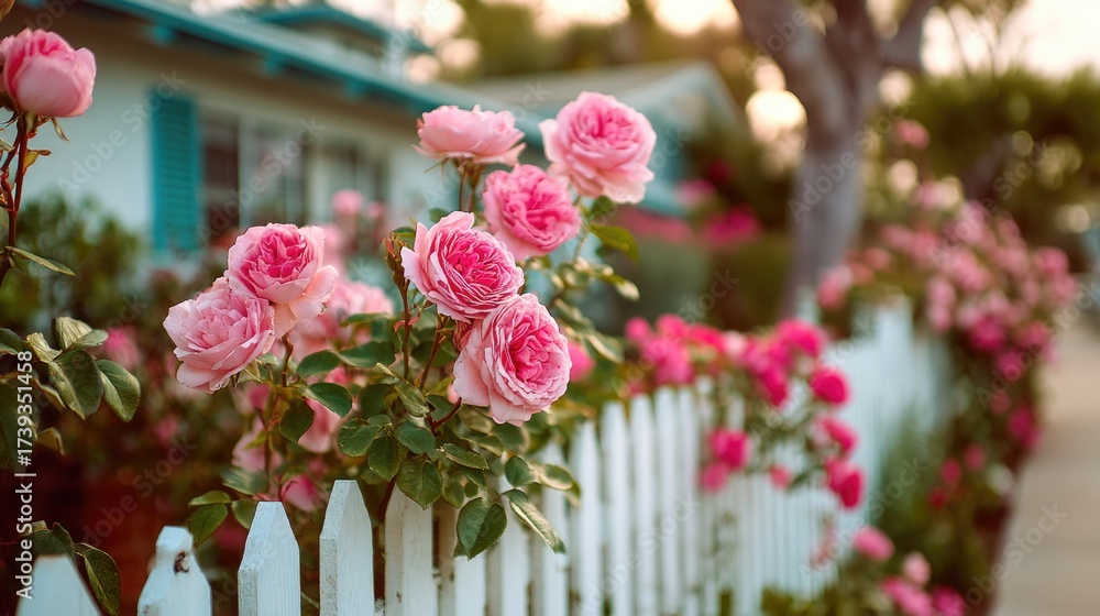 Fototapeta premium Beautiful pink roses blooming near white fence and suburban house in warm evening light