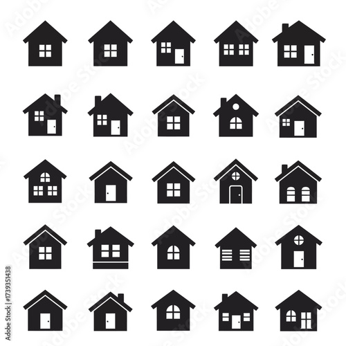 Collection of diverse silhouette house icons representing home ownership and residential properties isolated on white background