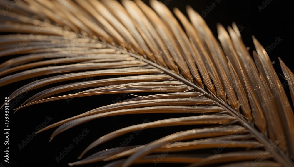 Fototapeta premium A luxurious golden palm leaf shimmering with metallic elegance against a stark black background for a dramatic effect