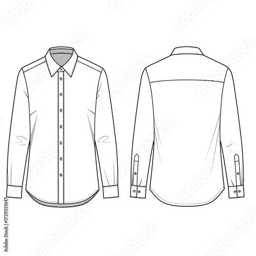 Detailed fashion sketch of a classic long-sleeved button-down shirt front and back views isolated on white background