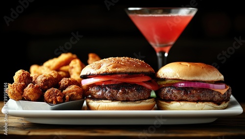 Gourmet burgers, fries, cocktail on a white plate