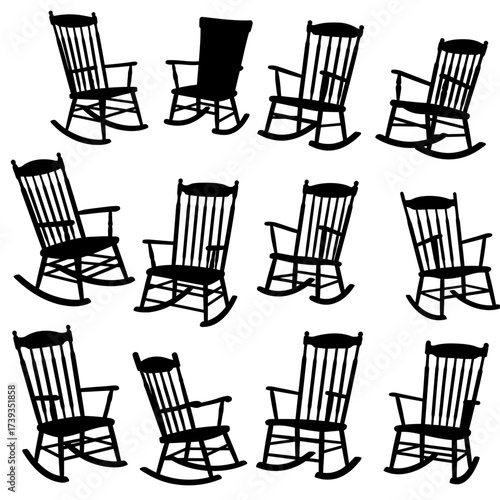 Collection of silhouetted rocking chairs displayed in a dynamic arrangement for interior design concepts isolated on white background