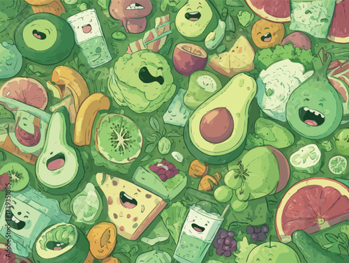 A vibrant collection of animated fruits and vegetables fills the scene, showcasing smiles and expression. The lively greens and bright colors create a joyful atmosphere.