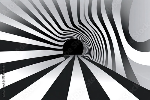 Black and white striped tunnel with optical illusion