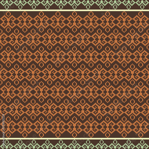 Earthy Tone Traditional Embroidery Art Abstract with Pixel Art Designs for Textile Print