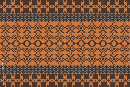 Earthy Tone Traditional Embroidery Art Abstract with Pixel Art Designs for Textile Print