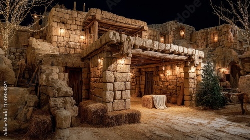 Peaceful christmas nativity scene in bethlehem featuring the stable with holy family, warm glowing lights, and starry night sky symbolizing the birth of jesus and the spirit of christmas celebration