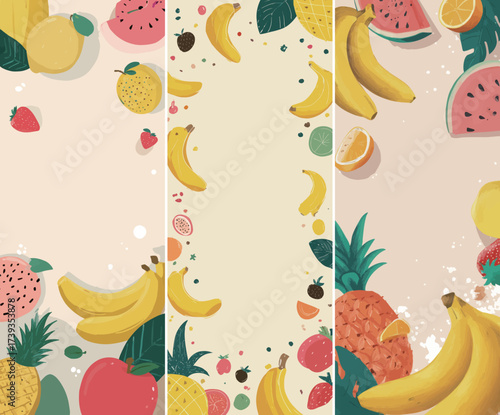 Vibrant fruits like bananas, strawberries, and watermelons create a lively border around a blank space. The arrangement is playful and colorful, perfect for summer themes.