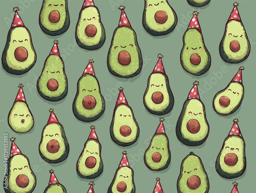 Bright green avocados wearing red party hats fill the scene, each with a unique, cheerful expression. This lively arrangement brings a joyful vibe to any space.