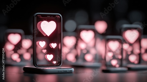 Smartphones with glowing pink hearts symbolizing romance and digital affection