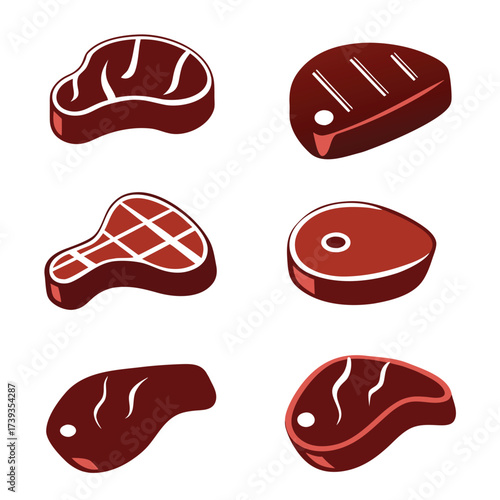 Six stylized raw beef steaks in various shapes and cuts meat food