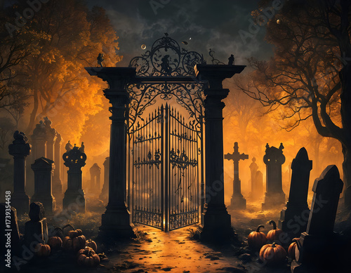 A glowing full moon rises over a shadowy graveyard, illuminating crosses and headstones in a chillingly atmospheric Halloween night scene. Concept of Halloween. CG Artwork Background