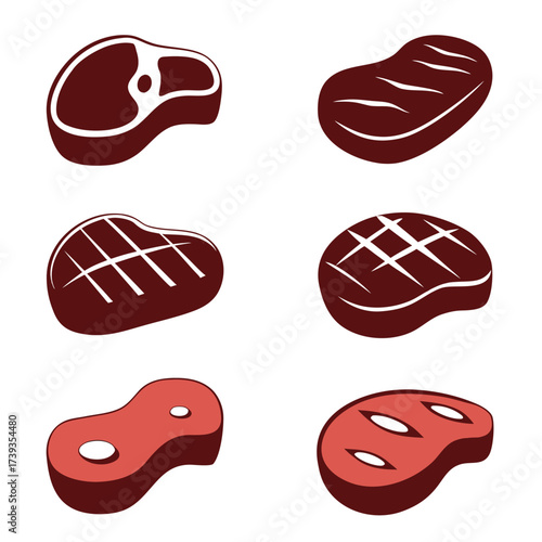 Six stylized raw meat steaks with grill marks and bone cutouts food beef