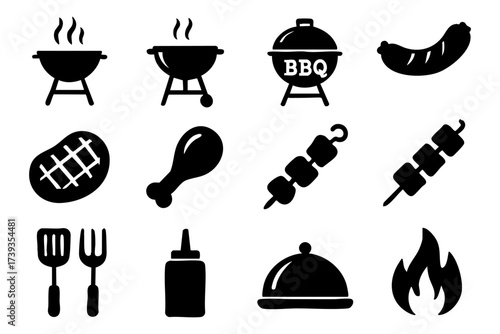BBQ grill and barbecue icon set – meat, food, fire, outdoor cooking symbols