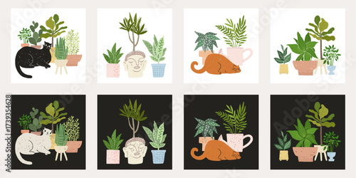 Cute square cards with planted pots and cats. Ready designs with white and black background. Cozy home, hygge, urban jungle illustration vector set. For greeting cards, prints, social media, scrapbook