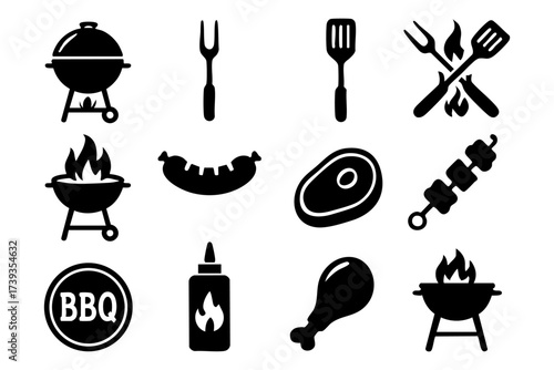 BBQ grill and barbecue icon set – meat, food, fire, outdoor cooking symbols