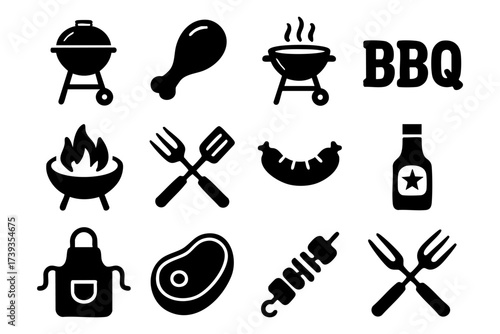 BBQ grill and barbecue icon set – meat, food, fire, outdoor cooking symbols