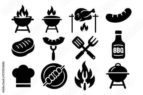 BBQ grill and barbecue icon set – meat, food, fire, outdoor cooking symbols