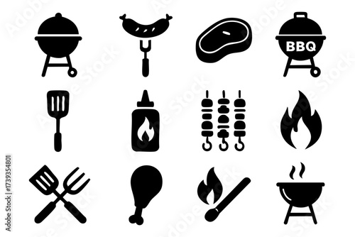 BBQ grill and barbecue icon set – meat, food, fire, outdoor cooking symbols