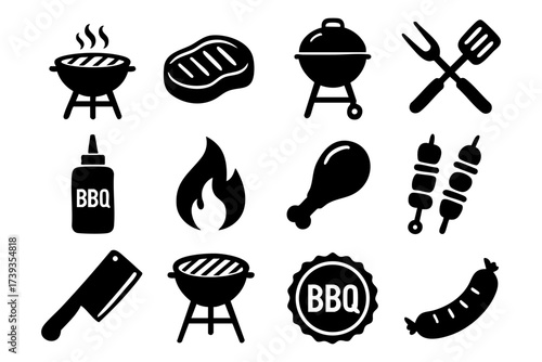 BBQ grill and barbecue icon set – meat, food, fire, outdoor cooking symbols