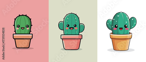 Three charming cartoon cacti are displayed in colorful pots, each showcasing a happy face and unique features. The playful designs create a cheerful atmosphere.