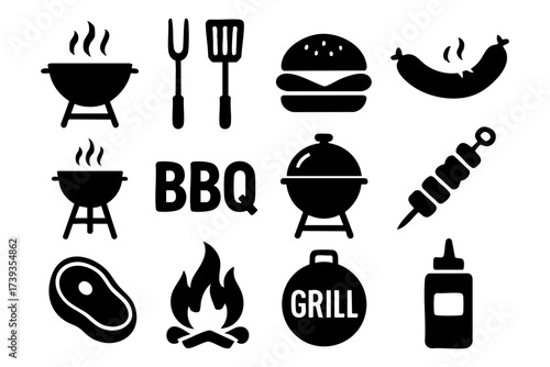BBQ grill and barbecue icon set – meat, food, fire, outdoor cooking symbols