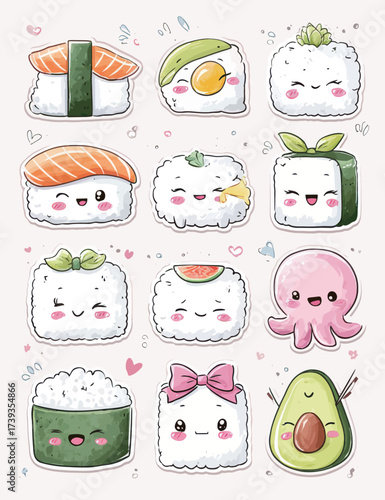 A colorful display of adorable cartoon sushi characters, each with unique features and expressions. These fun food designs bring joy and playfulness to any setting.