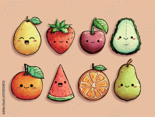 Colorful fruits with happy faces are arranged on a light background, featuring a variety of fruits like strawberries, oranges, and watermelons.