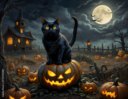 A black cat with glowing eyes perches on a menacing jack-o-lantern under a full moon, surrounded by eerie pumpkins and twisted trees. Concept of Halloween. CG Artwork Background